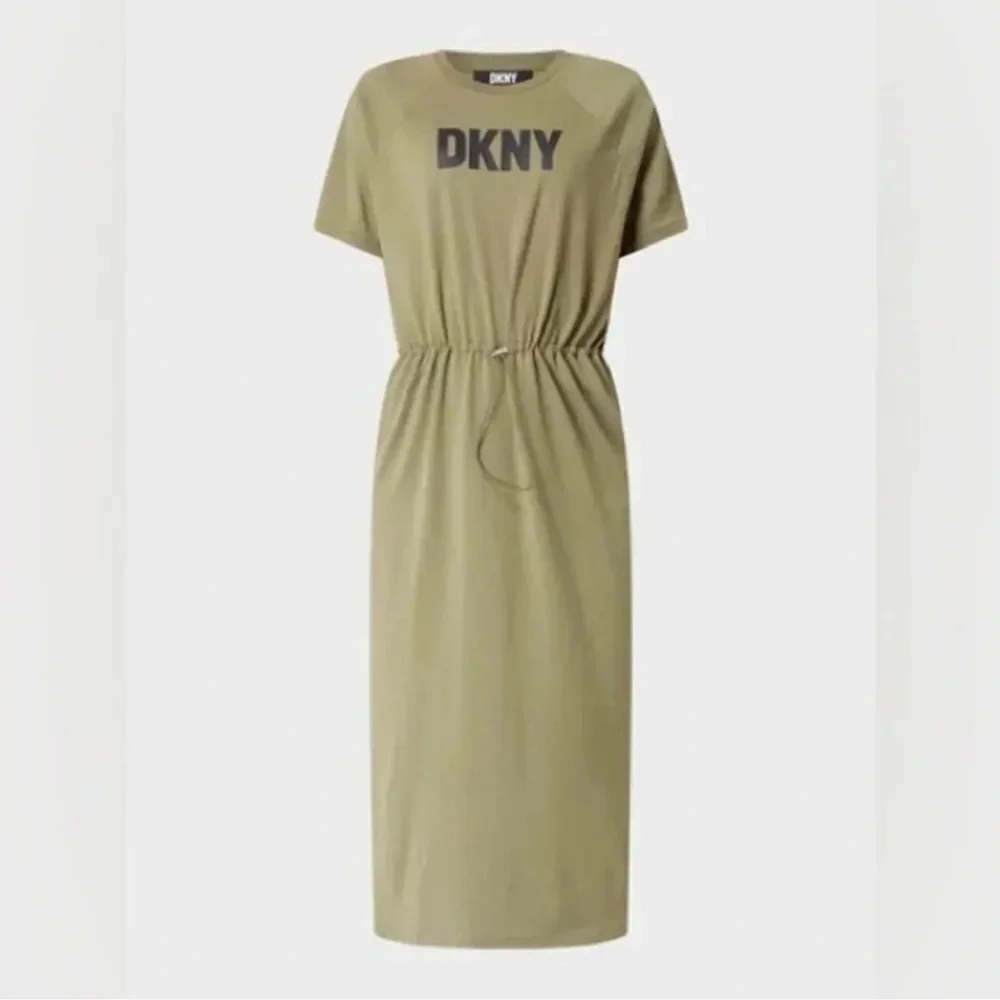 DKNY Logo Drawstring Waist Jewel Neck Short Sleeve Knit Midi Dress NWT - Picture 2 of 4